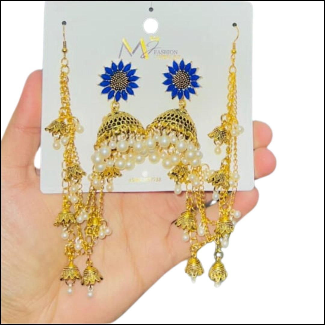 Bahubali Earring  Jhumka set with Ear chains, Saharay jhumka